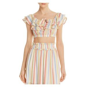 Suboo Womens Yellow Ruffled Striped Cap Sleeve Scoop Neck Top 4
